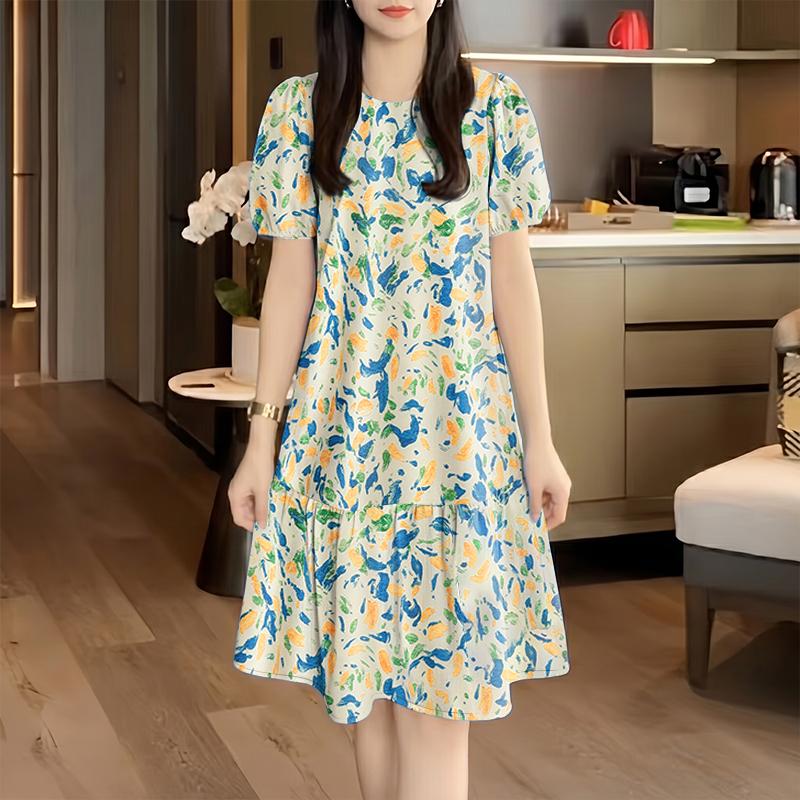 ZANZEA Women Casual Round Neck Loose Short Sleeve Print Dress S абрикосовый