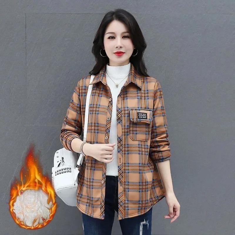 Keep Warm Add Velvet Shirt for Women Spring Autumn Winter Fashion Versatile Grid Shirt Jacket Female Blouse Top