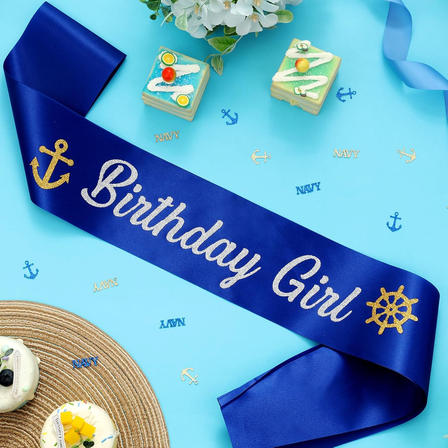 Serencatcher Nautical Birthday Sash, Navy Blue Birthday Girl Sash with Glitter Anchor Rudder Printing for Nautical Birthday Party Supplies Anchor