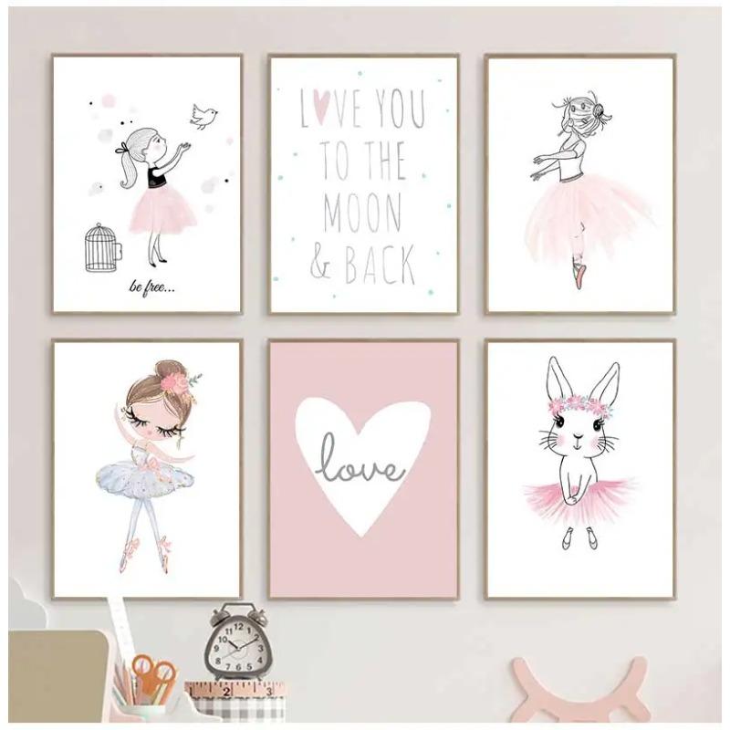 Art Canvas Painting Prints Ballet Girl Bedroom Picture Kids Room Poster Pink Rabbit Children Baby Decor Nursery Wall