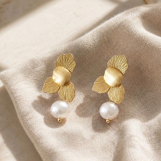 1 Pair Irregular Petals Earrings for Women, Large Statement Dangle Earrings with Faux Pearl, Gold Plated Prom Wedding Jewelry Gift