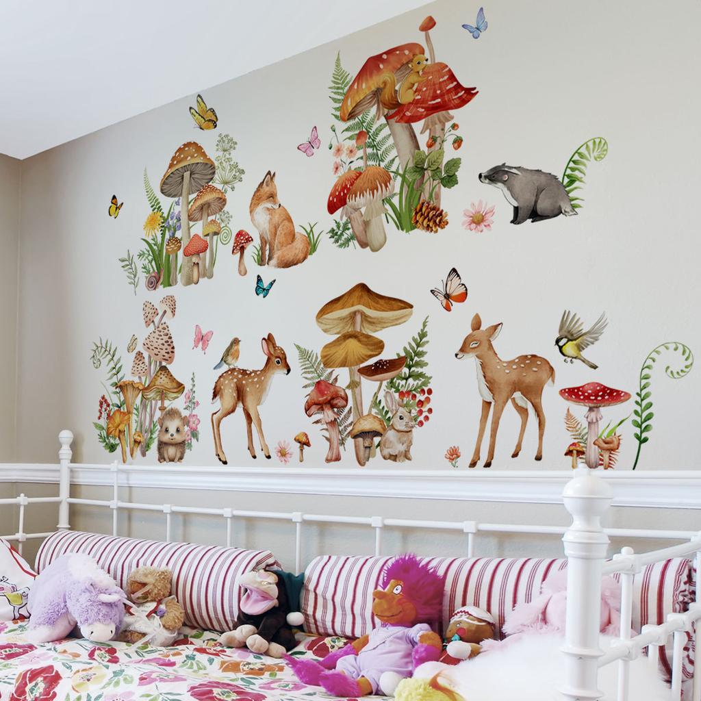 Cartoon Elk Deer Fox Mushroom Butterfly Wall Stickers for Kids Room Mural Art Decal Bedroom Deocration Animal Wallpaper
