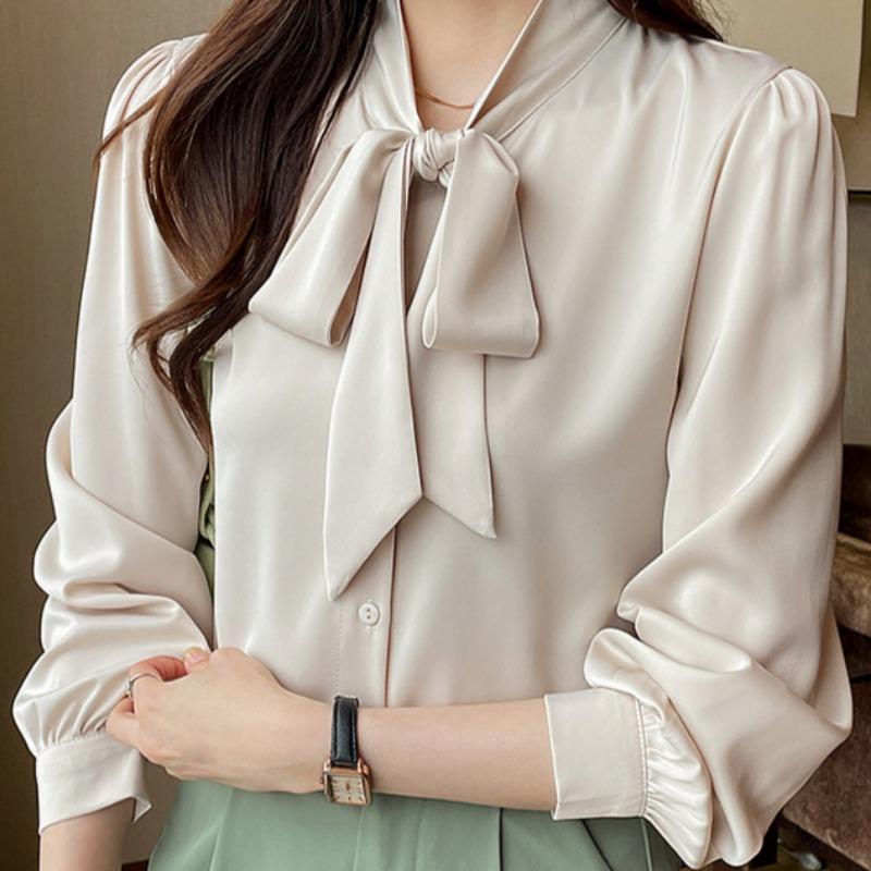 Spring and Summer New Ladies Long Sleeve Chiffon Ribbon Gentle Shirt