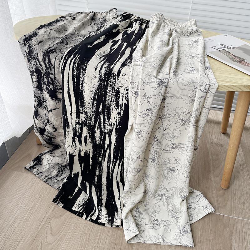White tea casual versatile wide-leg pants chiffon printed casual pants women's new lazy retro loose drape