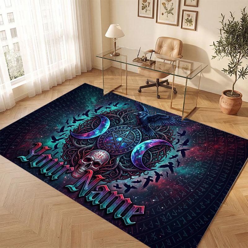 Skull Gothic Theme Crystal Velvet Floor Rug Personalized Custom Name Text Warm Carpet Home Decoration