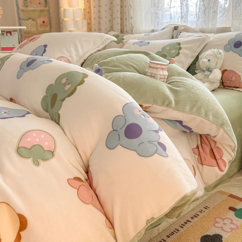 2024 New Class A Small Fresh Printed Milk Fleece Single Bedding Set Thick Warm Cartoon Quilt Cover Fall and Winter Duvet Cover