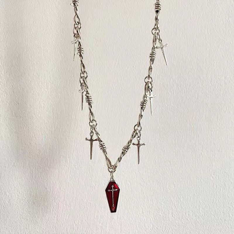 YK2 Hot Girl Dark Coffin Cross Sword Necklace - Harajuku Hip Hop Retro Chain
