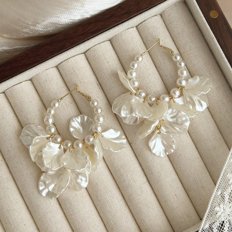 French Pearl Petal Tassel Hoop Earrings - Large, Luxurious, Face-Slimming Accessory