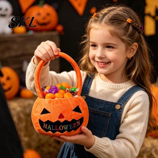 Halloween Party Favor Bag Pumpkin Treat Bag, Portable Candy Tote for Kids, Large Capacity Sturdy Storage Trick or Handbag with Soft Handle,