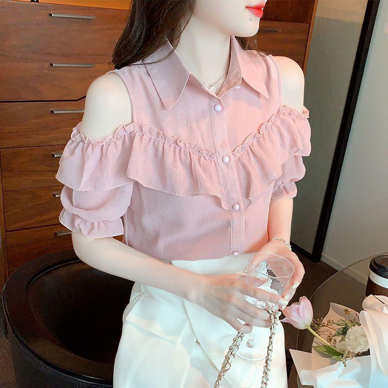 

2024 Spring/Summer Stylish Ruffle Off-Shoulder Chiffon Blouse for Women L