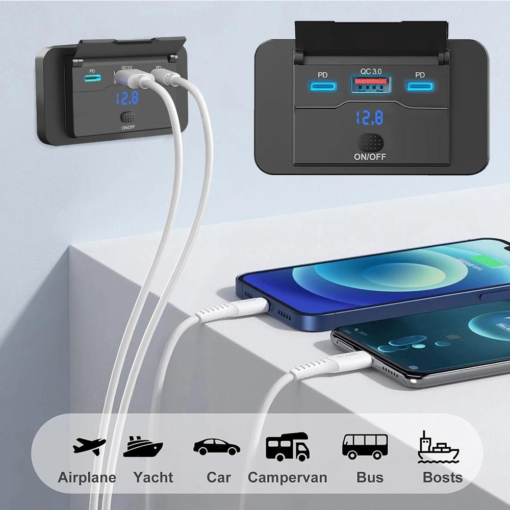 Dual QC3.0 PD 3 Ports Car Charger Socket USB Panel Fast Charging Car Power Outlet Adapter with Voltage Display for Bus RV ATV Truck Boat 12V 24V