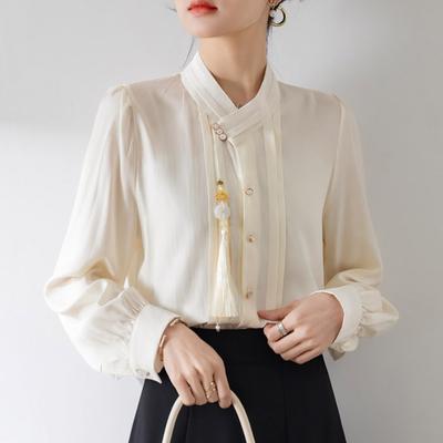 Chinese Style Stand Collar Elegant Casual Shirts for Women Spring and Autumn Long Sleeve Women's Blouses Button Up Vintage Solid Ladies Blouse 25846