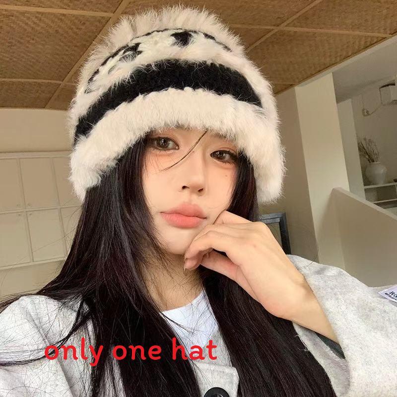 Cartoon Style Wool Beanie With Plush Fur Material And Adjustable Fit For Casual Wear