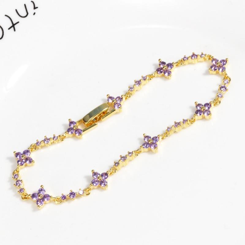 Gold Plated Amethyst CZ Four-Leaf Clover Tennis Bracelet – Luxury Purple Jewelry, Sparkle Gift for Women