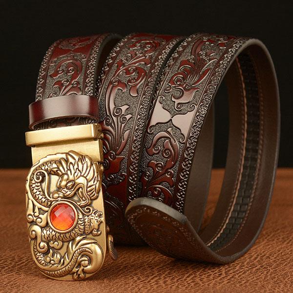 High Guality Male Belt Genuine Leather Belt for Men Carving Flower Pattern Gold Automatic Buckle Belt Strap for Jeans