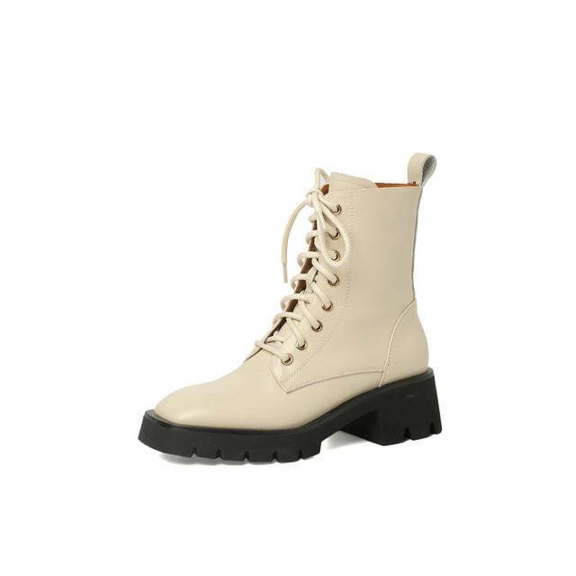 Cizme de damă din piele naturală, cu șireturi, pentru iarnă, la modă, cu vârful pătrat, cu toc gros, gleznă, cizme cu platformă, pantofi de damă cu legături încrucișate