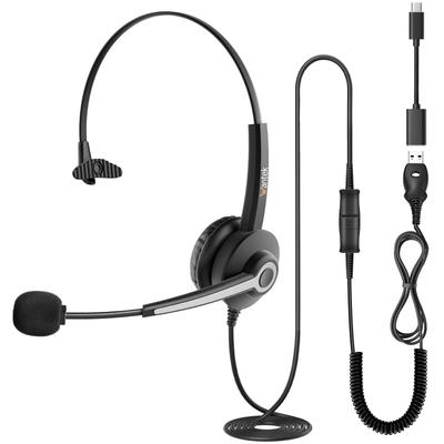 Wantek USB Wired Single Ear Headphones with Microphone for Web Working from Remote Online Classes and Clear and PC and for Invoice Type-C Headset,