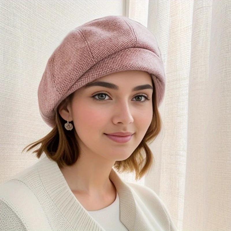 Semplice berretto di lana da donna per elegante signora invernale cappelli da donna in cotone scozzese vintage ottagonale casual autunno berretto