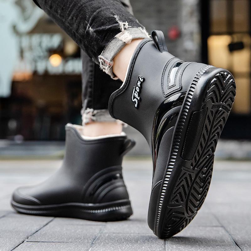 Fleece Rain Shoes Men's Fashion New Short Tube Non-slip Warm Rain Boots Short Water Shoes Work Outdoor Rubber Shoes