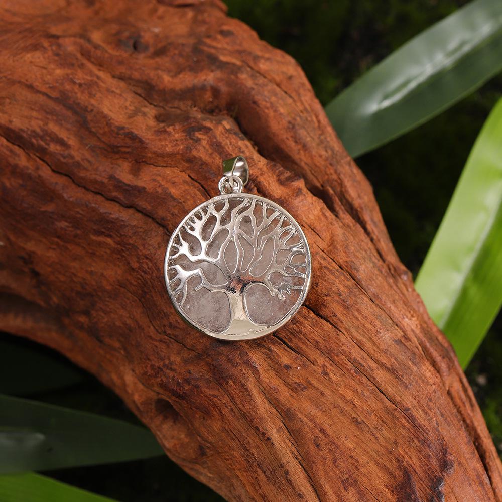 Cross Hollow Life Tree Pendant: Natural Crystal Agate Money Tree Necklace, Natural Stone Round Wishing Tree Pendant.