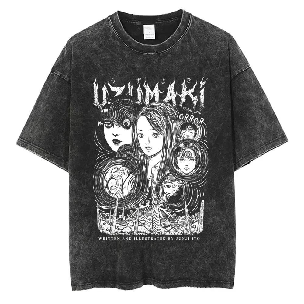 Unisex Washed Vintage Horror Anime Junji Ito Uzumaki Graphic T-shirt Men Women Manga Retro Oversized T Shirt Y2k Casual Cotton T-shirts