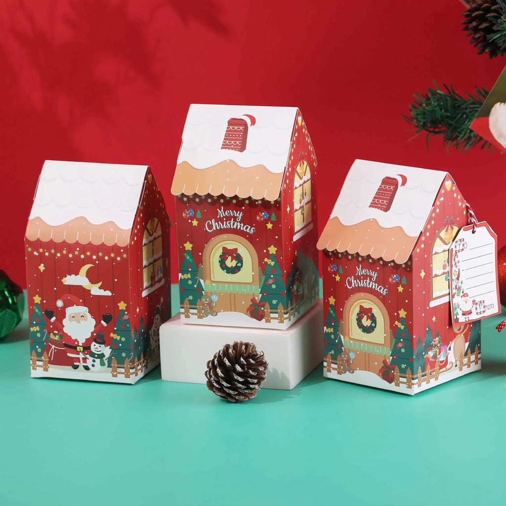 Christmas House Shape Candy Gift Box Christmas Snowman Little House Candy Cookies Packaging bag Bow Boxes Gift Color Box