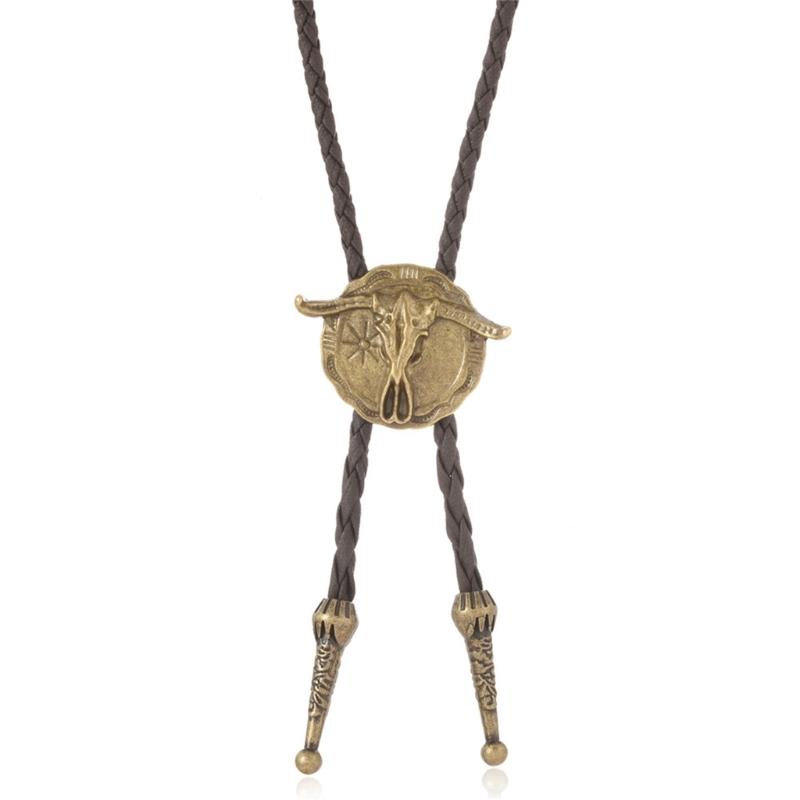 Vintage Western Cowboy Alloy Bullhead Bolo Tie Necklace Adjustable PU Cord Necklace For Men And Women