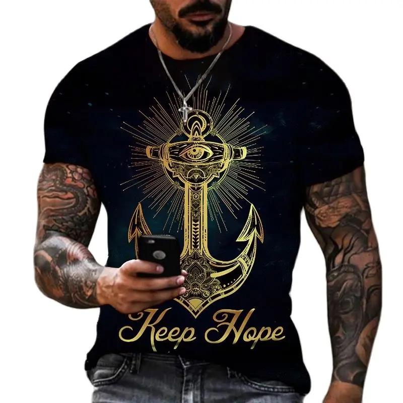 Vintage T Shirts For Men 3D Printed Anchor Top Short Sleeve Oversized Tee Hip Hop O-neck Cotton T-shirts Mens Clothing
