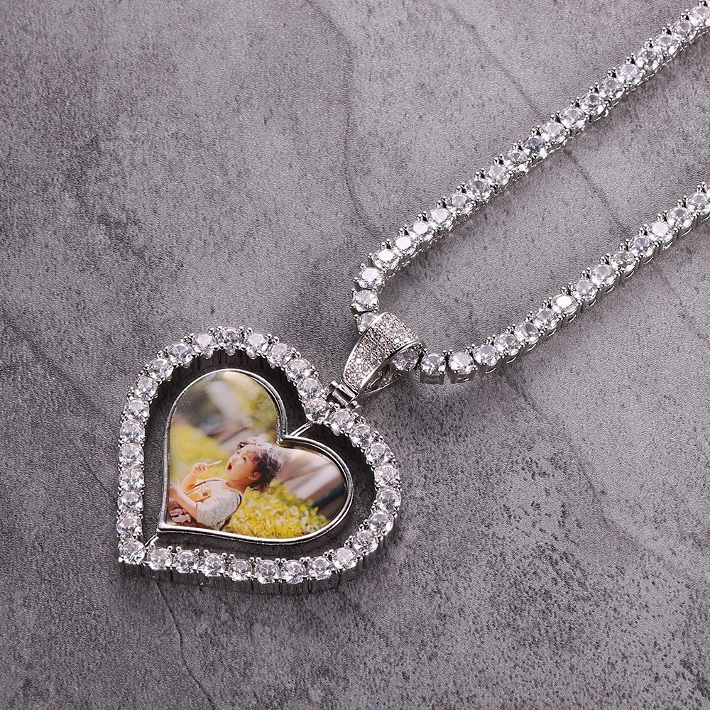 Rotatable Double-Sided Heart Photo Pendant Necklace with Zirconium Inlay - Yunyi Jewelry