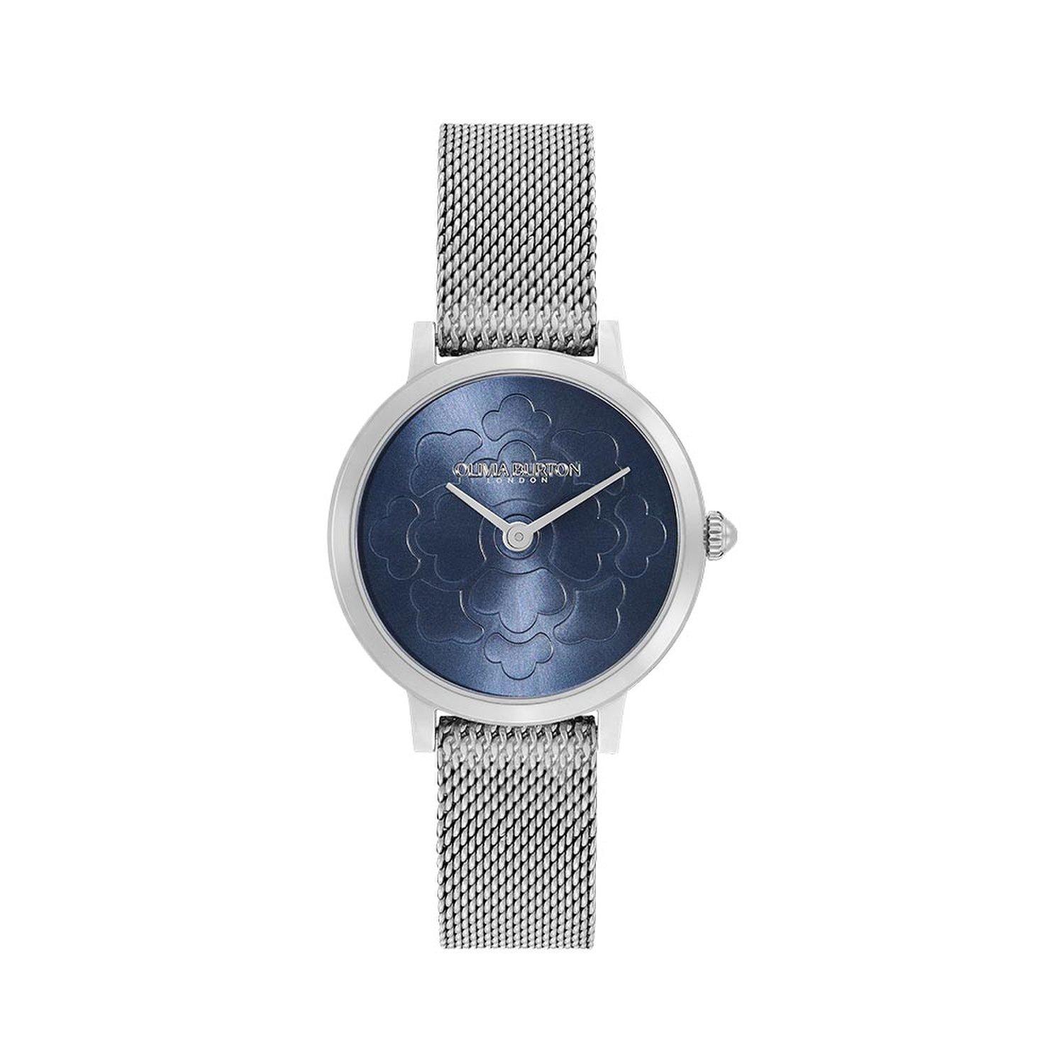 [OLIVIA BURTON] Ultra Slim Florals Silver Blue Women s Mesh Bracelet Watch (24000057)