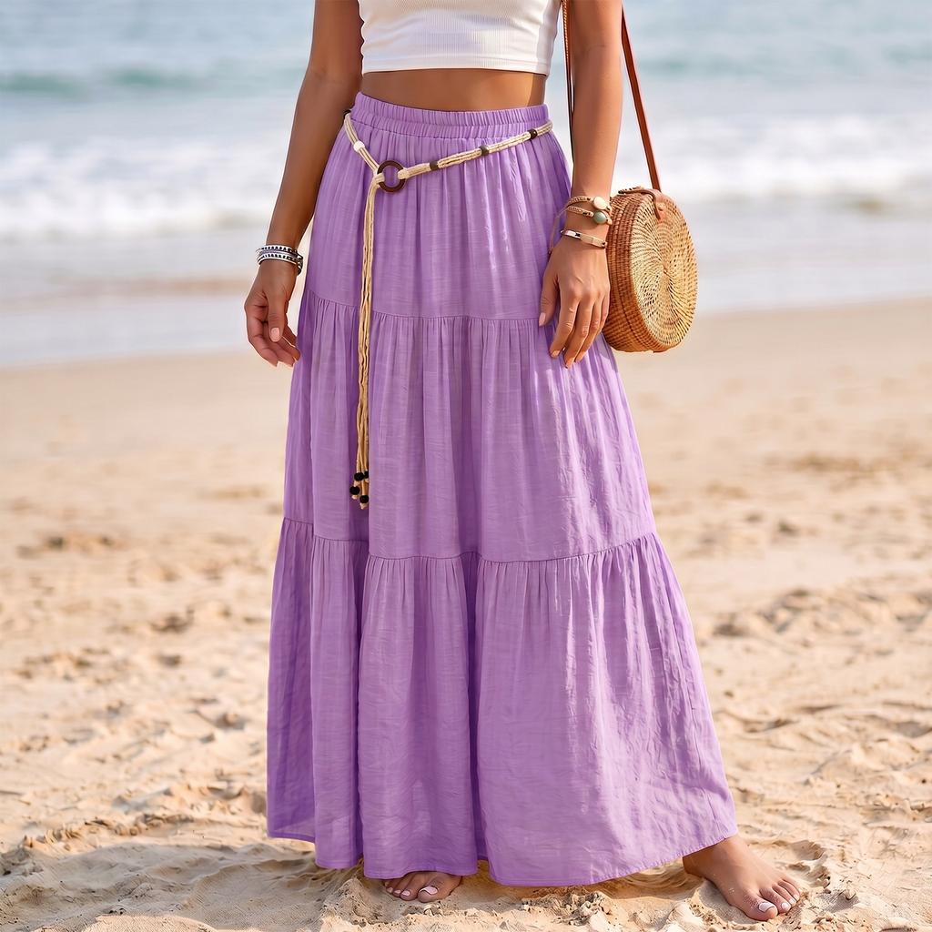 Gonna Maxi da Donna Casual a Vita Elastica, con Volant, Leggera in Cotone e Lino, Lunga, per Vacanze e Mare, Design a Linea A