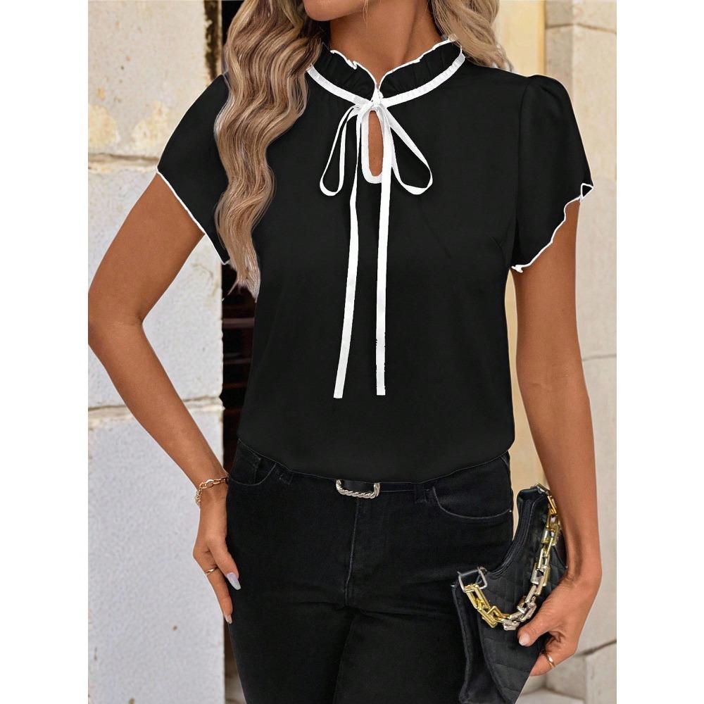 Fashionable Versatile Style Pleated Round-neck Strap-print Short-sleeved Women's Top