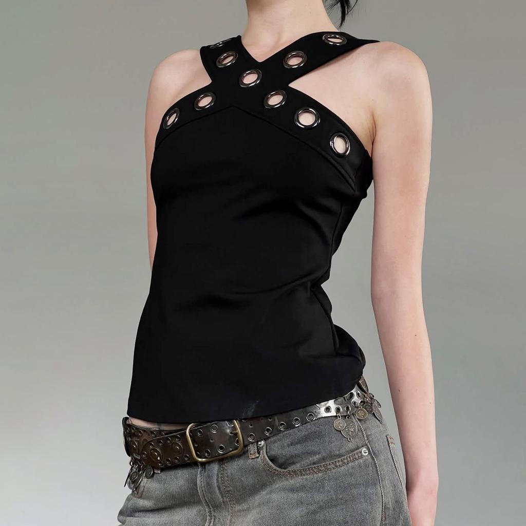 Autumn European and American Sexy Japanese Button V-neck Low-cut Neck Tight-fitting Navel Bottoming Small Vest Top