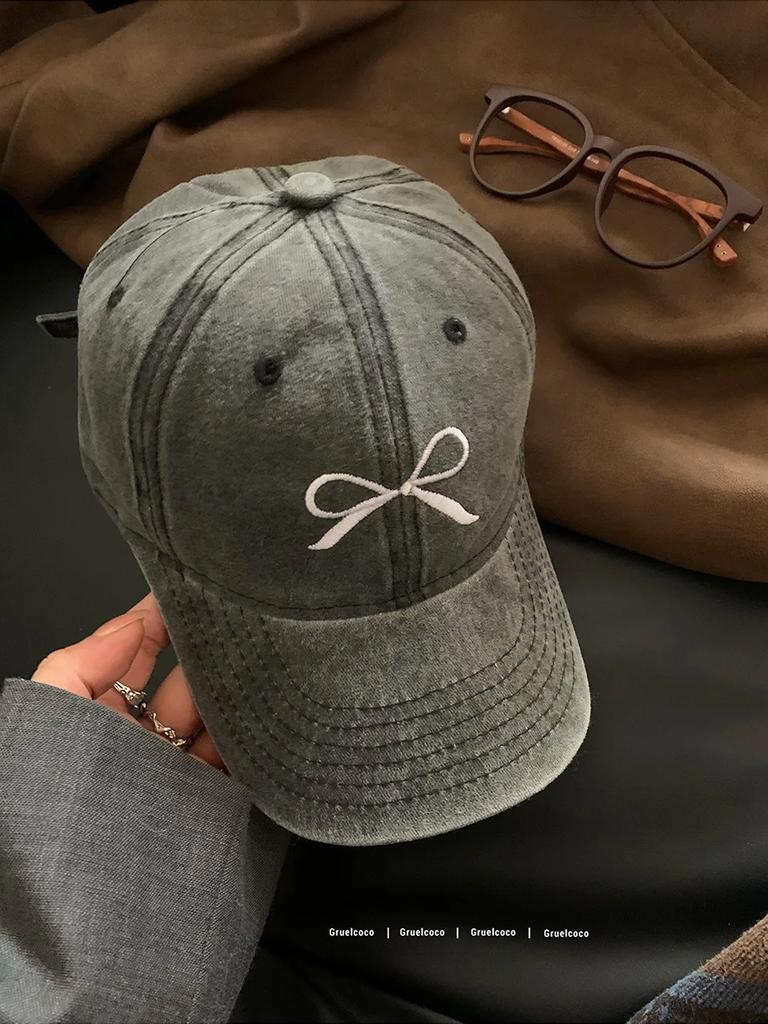 Retro washed old bow embroidered baseball hat for women in spring summer large brim plain faced duckbill cap Men