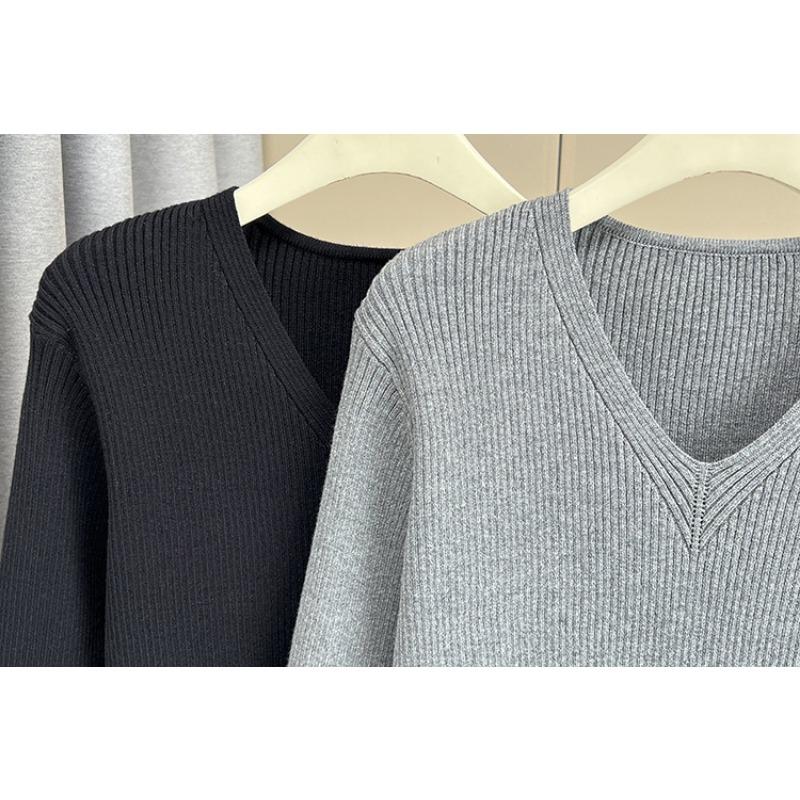 Plus Size Women V Neck Long Sleeve Knit Sweater Casual Bottoming Top