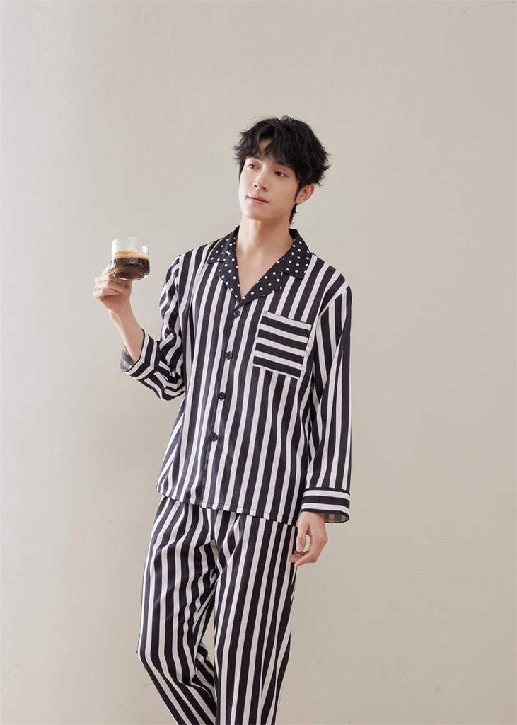 Temperament satin couple pajamas autumn new high-end striped loungewear men's thin loose pajamas