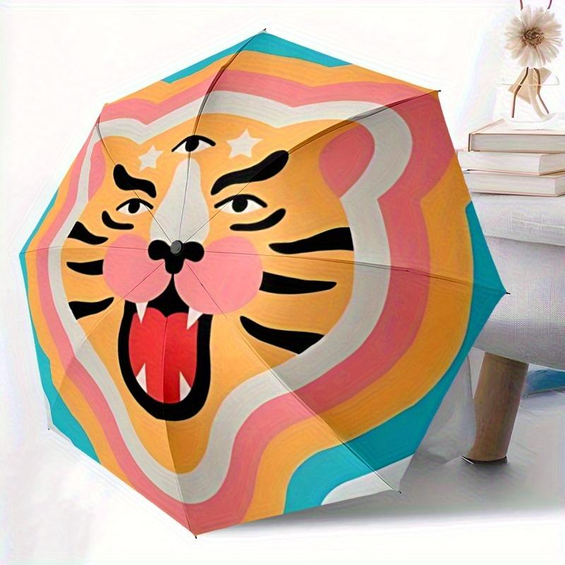 1pc Tiger Face Automatic Folding Umbrella, Portable & Foldable Design with 8 Ribs, Casual Outdoor Accessory Halloween and Christmas gifts yy