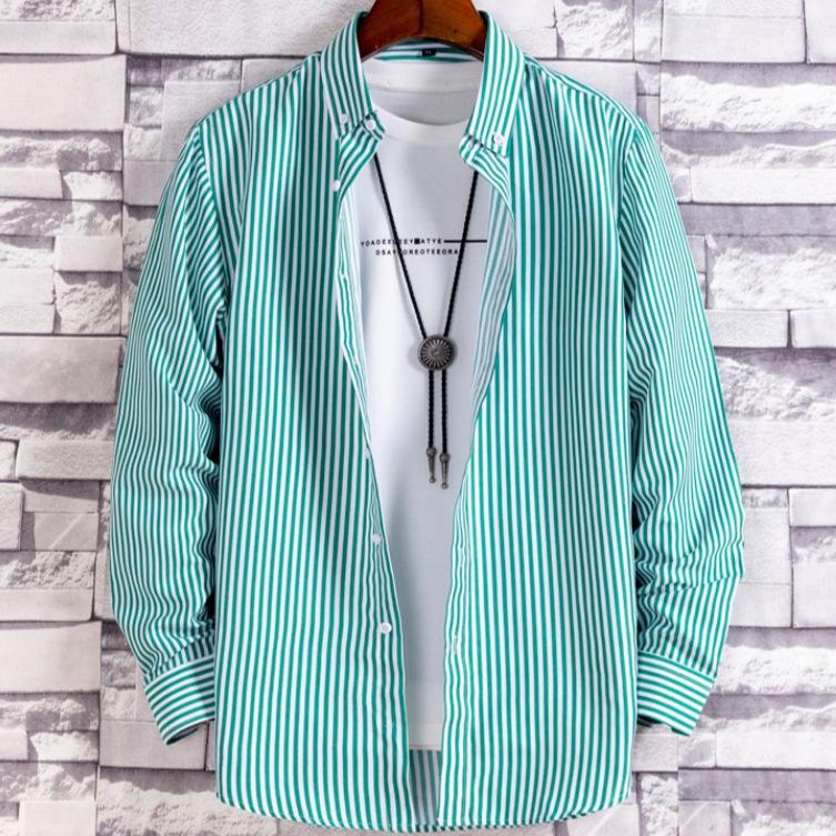 

Весенне-осенняя новая мужская полосатая рубашка с длинным рукавом, деловая рубашка с длинным рукавом, облегающая, модная рубашка с острым воротником 5XL зелёный