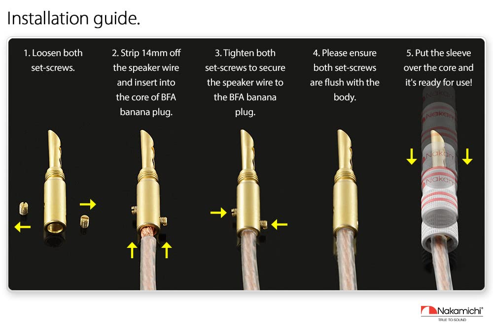 Nakamichi Excel Series 24K Gold Plated Banana Plugs 12 AWG 18 AWG Gauge Size 4mm Speaker Amplifier AV Stereo Home Theater Audio Wire Cable Screw