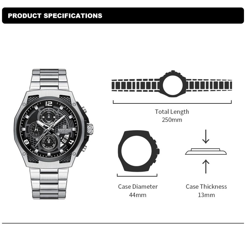 Naviforce Watch for Men Calendar Chronograph Stainless Steel Strap Luminous Waterproof Fashion Casual Outdoor Sports Men's Wristwatch NF8051S