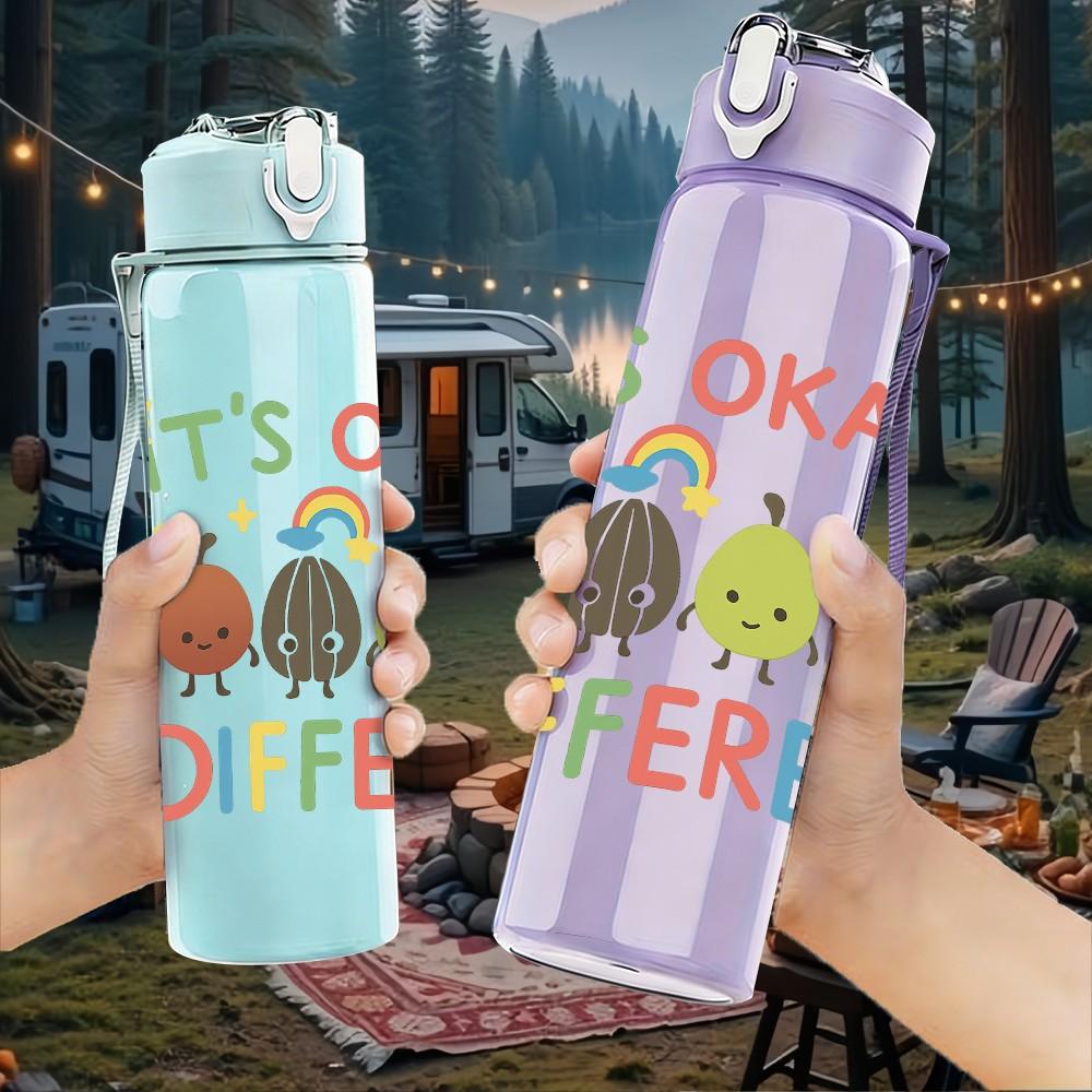1PC Its Okay To Be Different Dino 750ml Color Plastic Sports Water Bottle Leakproof Flip Straw Lid Suitable for Sports Office Home Use