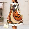 Women Plus Size Round Neck Long Sleeve Flared Dress Gothic Raven Pumpkin Rose Print Halloween Autumn Casual Dress