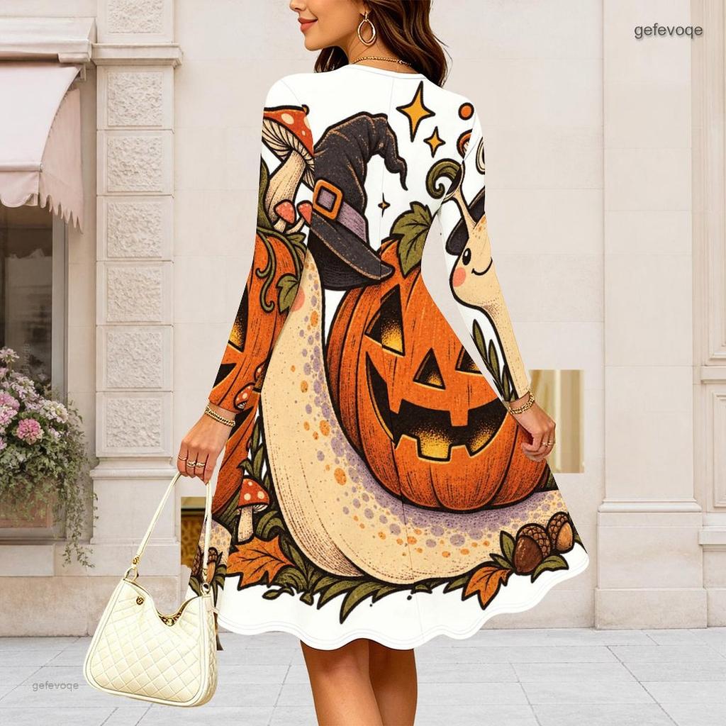 Women Plus Size Round Neck Long Sleeve Flared Dress Gothic Raven Pumpkin Rose Print Halloween Autumn Casual Dress