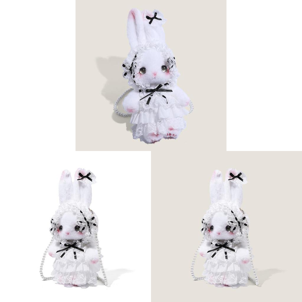 Girl Rabbit Plush Crossbody Bag With Pearl Chain And Lace For Daily Use