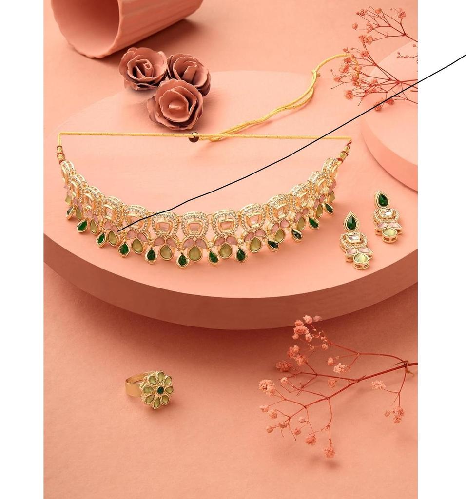 Halskette, Ohrringe und Ring-Set mit grünen und rosa Steinen und österreichischen Diamanten für Damen