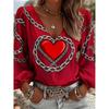 Printed Women's Casual Retro Western-style V-neck Shirt, Valentine's Day Patterned Long-sleeved Shirt, Suitable for Daily Parties