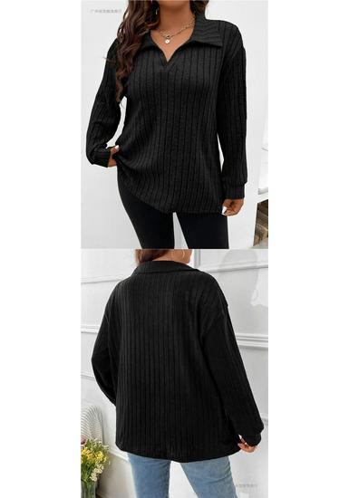 2026 Autumn/Winter Plus Size Women's V-Neck Long Sleeve Ribbed Brushed Loose Top