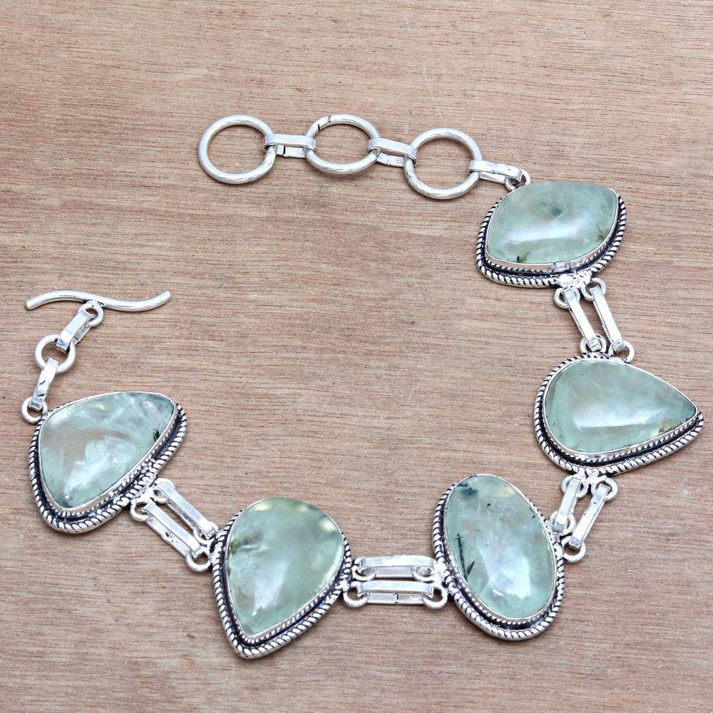 Prehnite Cabochon Gemstone Silver Jewelry Bracelets 7''Adjusable
