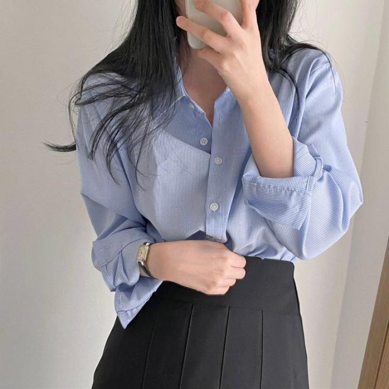 Korean chic retro striped polo collar long-sleeved shirt loose lazy cardigan women's top shirt