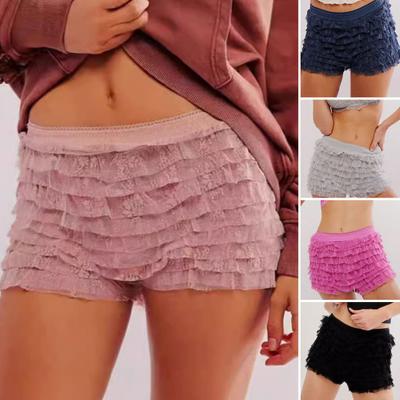 Damen Sommer Shorts Mehrlagige Rüschen Spitzenbesatz Strand Shorts Lolita Stil Niedrige Taille Ultrakurz
